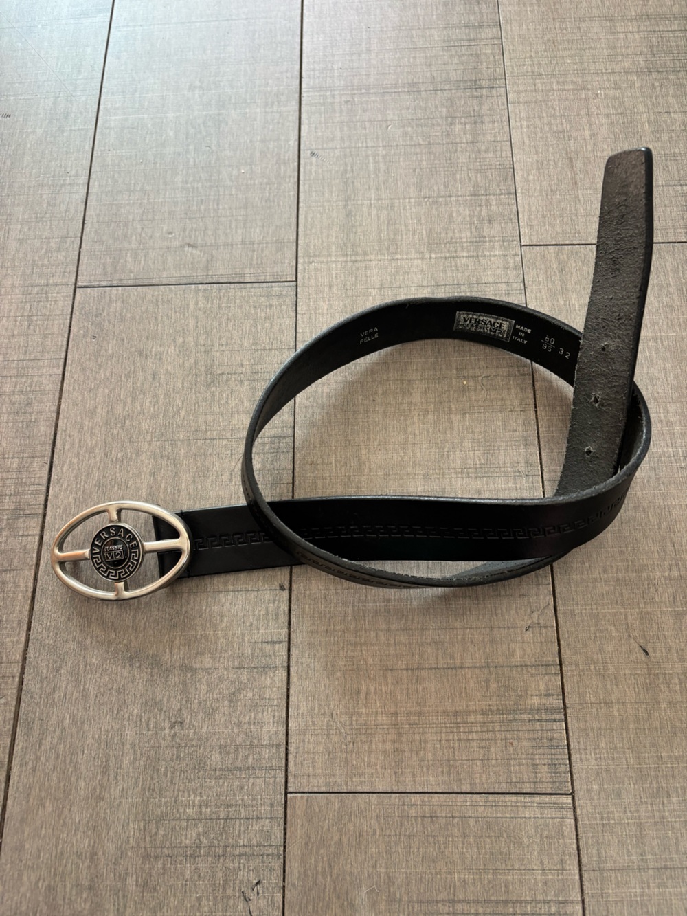 Versace V2 Greca Border Black Leather Belt- Vintage Size 32- Made in Italy